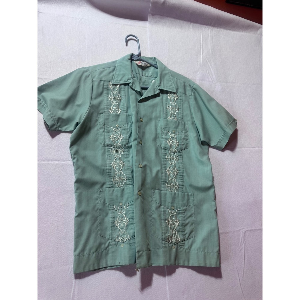 Vintage Romani Collection Mens Guayabera Shirt Seafoam Green Embroidered Large